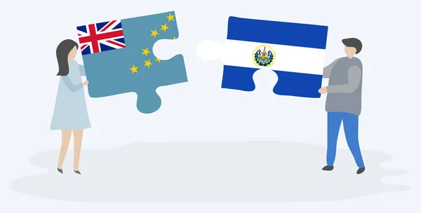 Couple Tenant Deux Pièces Puzzles Avec Des Drapeaux Tuvaluens Salvadoriens — Image vectorielle