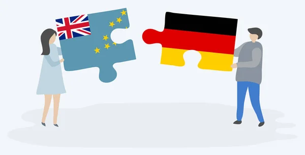 Paar Houden Twee Puzzels Stukken Met Tuvaluan Duitse Vlaggen Tuvalu — Stockvector