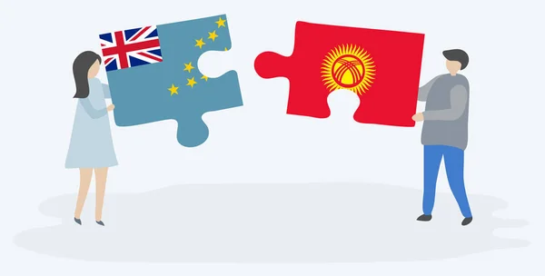 Casal Segurando Duas Peças Quebra Cabeças Com Bandeiras Tuvaluan Kirgiz — Vetor de Stock