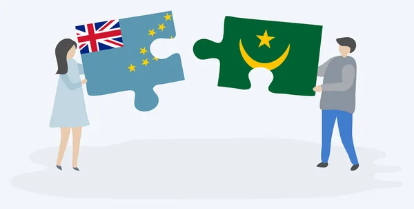 Couple Holding Two Puzzles Pieces Tuvaluan Mauritanian Flags Tuvalu Mauritania — Stock Vector