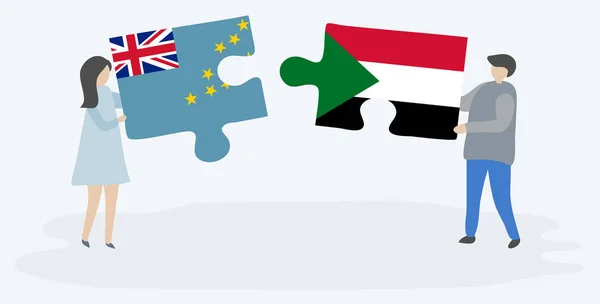 Para Trzyma Dwa Kawałki Puzzli Tuvalu Sudanu Flagi Tuvalu Sudanu — Wektor stockowy