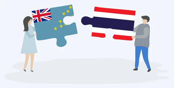 Pareja Sosteniendo Dos Piezas Rompecabezas Con Tuvaluan Banderas Tailandesas Tuvalu — Archivo Imágenes Vectoriales