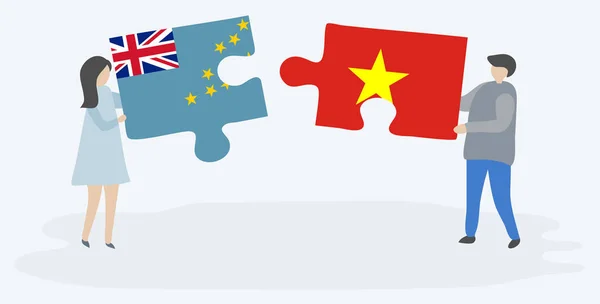 Dvojice Drží Dvě Skládanky Vlajkami Tuvaluan Vietnamců Národní Symboly Tuvalu — Stockový vektor