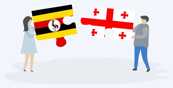 Casal Segurando Duas Peças Quebra Cabeças Com Bandeiras Ugandenses Georgianas —  Vetores de Stock