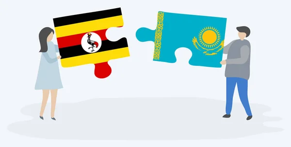 Para Trzymania Dwóch Puzzli Ugandy Kazachskie Flagi Symbole Narodowe Ugandy — Wektor stockowy