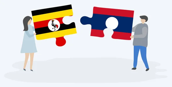 Para Trzyma Dwa Kawałki Puzzli Ugandy Lao Flagi Uganda Laos — Wektor stockowy