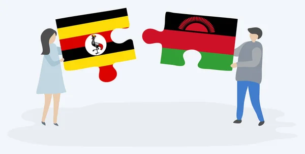 Couple Tenant Deux Pièces Puzzles Avec Des Drapeaux Ougandais Malawiens — Image vectorielle