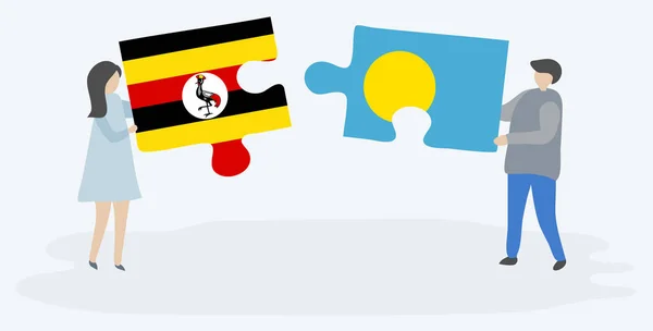 Couple Holding Two Puzzles Pieces Ugandan Palauan Flags Uganda Palau — Stock Vector