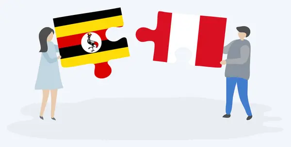Para Trzyma Dwa Kawałki Puzzli Ugandy Peruwiańskich Flag Uganda Peru — Wektor stockowy