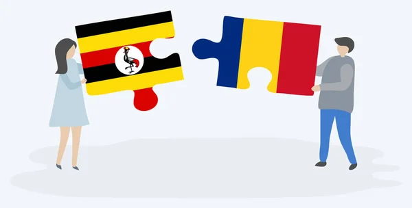 Para Trzyma Dwa Kawałki Puzzli Ugandy Rumuńskich Flag Symbole Narodowe — Wektor stockowy