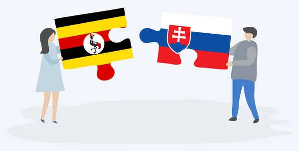 Para Trzyma Dwa Kawałki Puzzli Ugandy Słowackich Flag Uganda Słowacja — Wektor stockowy