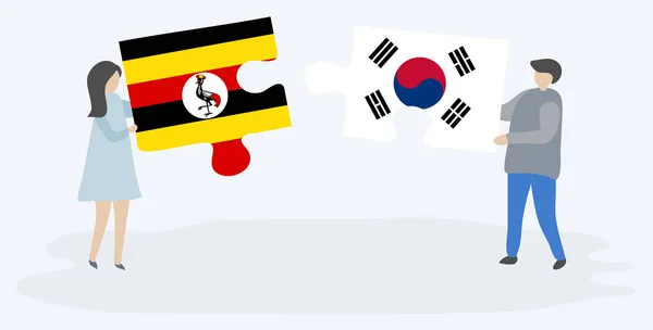 Couple Holding Two Puzzles Pieces Ugandan South Korean Flags Uganda — Stock Vector
