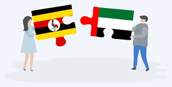 Casal Segurando Duas Peças Quebra Cabeças Com Bandeiras Ugandenses Emirianas —  Vetores de Stock