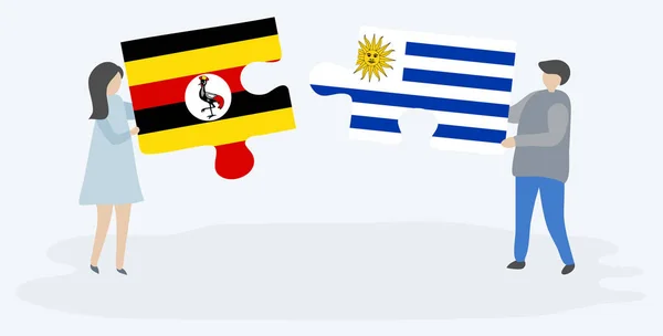 Casal Segurando Duas Peças Quebra Cabeças Com Bandeiras Ugandenses Uruguaias —  Vetores de Stock