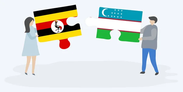 Para Trzyma Dwa Kawałki Puzzli Ugandy Uzbecki Flagi Symbole Narodowe — Wektor stockowy