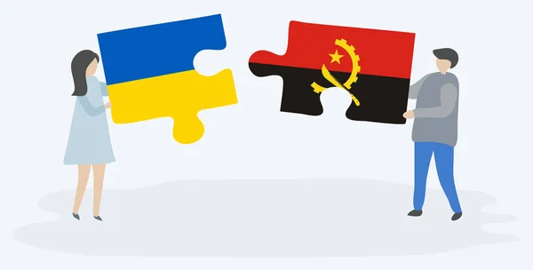 Paar Houden Twee Puzzels Stukken Met Oekraïense Angolese Vlaggen Oekraïne — Stockvector