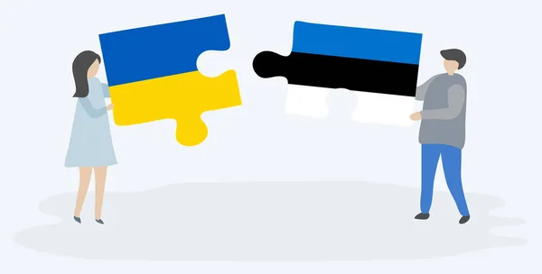 Paar Mit Zwei Puzzleteilen Mit Ukrainischen Und Estnischen Flaggen Ukrainische — Stockvektor