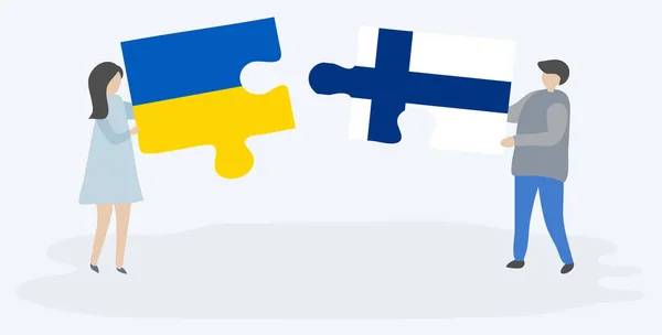 Couple Holding Two Puzzles Pieces Ukrainian Finnish Flags Ukraine Finland — Stock Vector