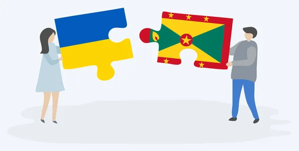 Paar Houden Twee Puzzels Stukken Met Oekraïense Grenadian Vlaggen Oekraïne — Stockvector