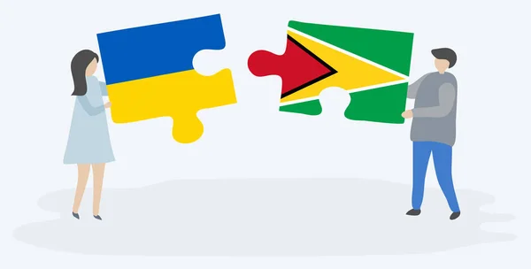 Paar Houden Twee Puzzels Stukken Met Oekraïense Guyanese Vlaggen Oekraïne — Stockvector