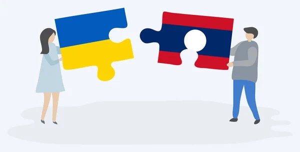 Couple Holding Two Puzzles Pieces Ukrainian Lao Flags Ukraine Laos — Stock Vector