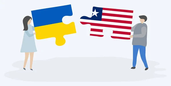 Casal Segurando Duas Peças Quebra Cabeças Com Bandeiras Ucranianas Liberianas — Vetor de Stock
