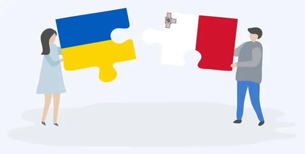 Ζευγάρι Που Κρατά Δύο Κομμάτια Παζλ Ουκρανικές Και Μαλτέζικες Σημαίες — Διανυσματικό Αρχείο