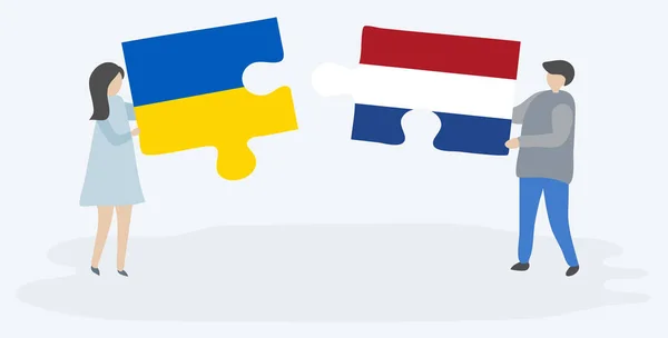 Couple Holding Two Puzzles Pieces Ukrainian Dutch Flags Ukraine Netherlands — Stock Vector