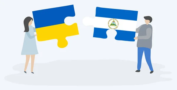 Casal Segurando Duas Peças Quebra Cabeças Com Bandeiras Ucranianas Nicaraguenses — Vetor de Stock