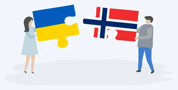 ウクライナとノルウェーの旗と2つのパズルのピースを保持しているカップル ウクライナとノルウェーの国のシンボルを一緒に — ストックベクタ