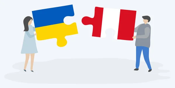 Couple Holding Two Puzzles Pieces Ukrainian Peruvian Flags Ukraine Peru — Stock Vector
