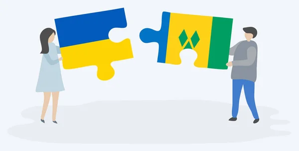 Paar Mit Zwei Puzzleteilen Mit Ukrainischen Und Ukrainischen Flaggen Ukraine — Stockvektor