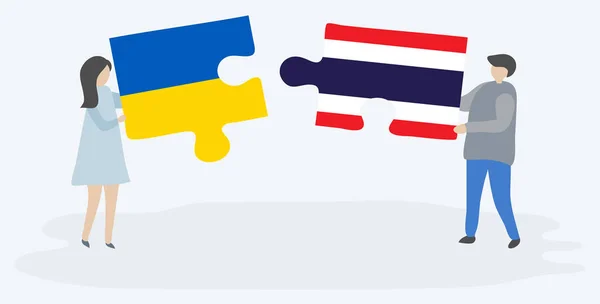 Paar Houden Twee Puzzels Stukken Met Oekraïense Thaise Vlaggen Oekraïne — Stockvector