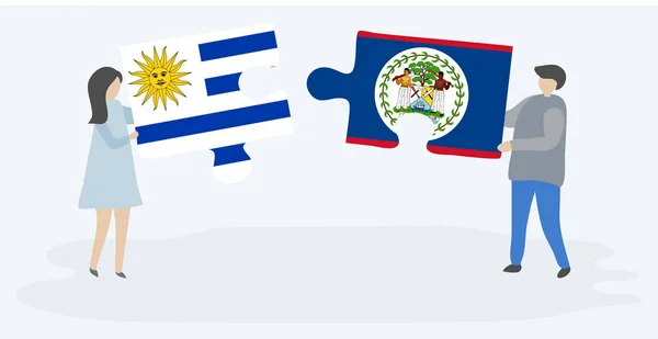 Casal Segurando Duas Peças Quebra Cabeças Com Bandeiras Uruguaias Belizenhas — Vetor de Stock