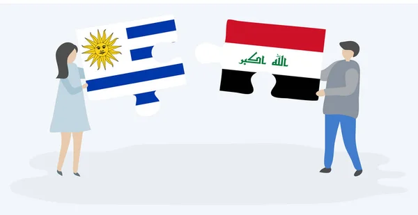 Couple Tenant Deux Pièces Puzzles Avec Drapeaux Uruguayen Irakien Uruguay — Image vectorielle