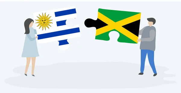 Para Trzyma Dwa Kawałki Puzzli Urugwajskim Jamajskim Flag Urugwaj Jamajka — Wektor stockowy