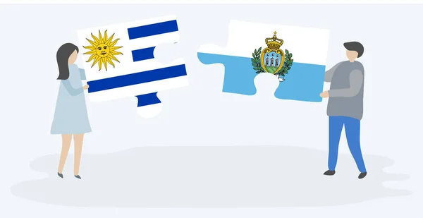 Pareja Sosteniendo Dos Piezas Rompecabezas Con Banderas Uruguayas Sammarinesas Uruguay — Vector de stock