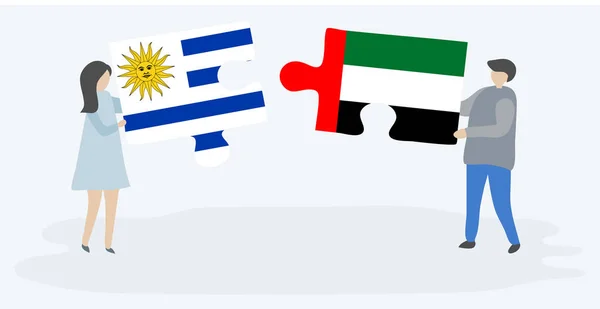 Para Trzyma Dwa Kawałki Puzzli Urugwajskim Emirian Flagi Urugwaj Zjednoczone — Wektor stockowy