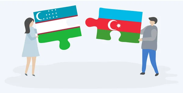 Пара Держащая Две Головоломки Узбекским Азербайджанским Флагами Национальные Символы Узбекистана — стоковый вектор