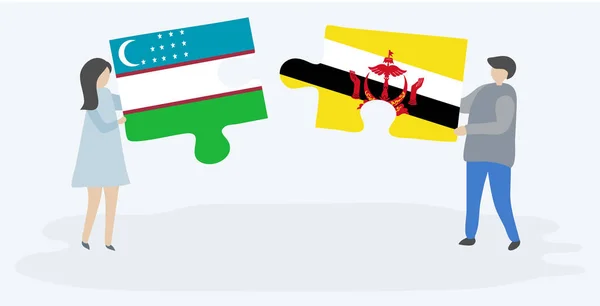 Két Puzzle Darabból Áll Üzbég Bruneian Zászlókkal Brunei Nemzeti Szimbólumok — Stock Vector
