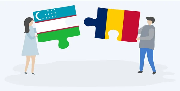 Paar Houden Twee Puzzels Stukken Met Oezbeekse Tsjadische Vlaggen Oezbekistan — Stockvector