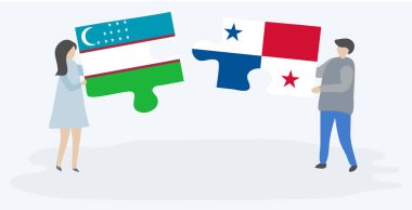 Özbek ve Panama bayrakları ile iki bulmaca parçaları tutan çift. Özbekistan ve Panama ulusal sembolleri birlikte.