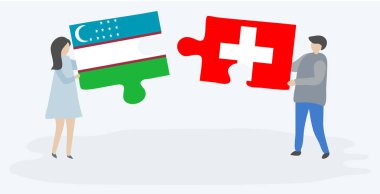 Özbek ve İsviçre bayrakları ile iki bulmaca parçaları tutan çift. Özbekistan ve İsviçre ulusal sembolleri birlikte.