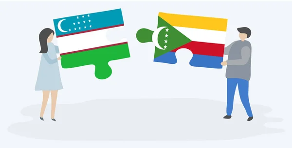 Dvojice Uzbeckými Comorankými Vlajkami Drží Dvě Skládanky Národní Symboly Uzbekistánu — Stockový vektor