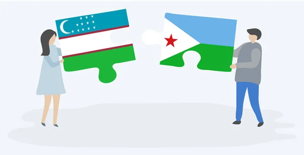 ウズベキスタンとジブチの旗を持つ2つのパズルピースを保持しているカップル ウズベキスタンとジブチの国のシンボル — ストックベクタ