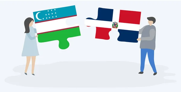 Pareja Sosteniendo Dos Piezas Rompecabezas Con Banderas Uzbekas Dominicanas Uzbekistán — Vector de stock