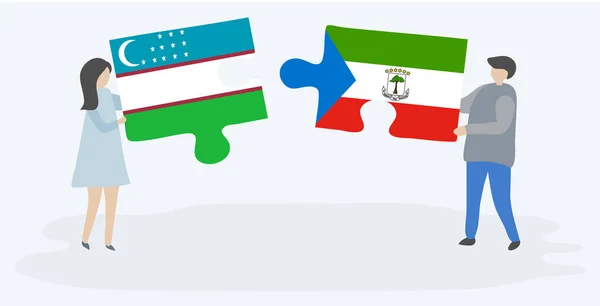 Para Trzyma Dwa Kawałki Puzzli Uzbecki Flagi Gwinei Równikowej Symbole — Wektor stockowy