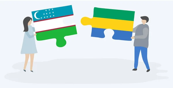 Paar Mit Zwei Puzzleteilen Mit Usbekischen Und Gabonesischen Flaggen Usbekistan — Stockvektor