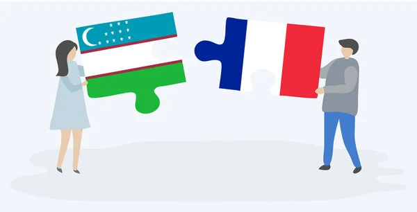 Ζευγάρι Που Κρατά Δύο Κομμάτια Παζλ Ουζμπεκιστάν Και Γαλλικές Σημαίες — Διανυσματικό Αρχείο