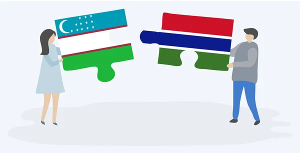 Ζευγάρι Κρατώντας Δύο Κομμάτια Παζλ Ουζμπεκιστάν Και Γκαλάσι Σημαίες Εθνικά — Διανυσματικό Αρχείο